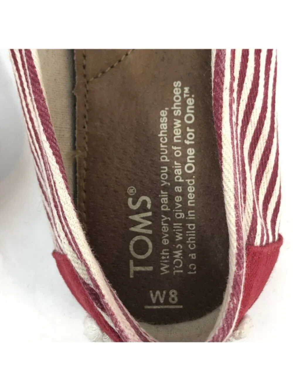 TOMS Shoes Women 8 Red Striped Canvas University Classic Rope Trim Slip On Flats